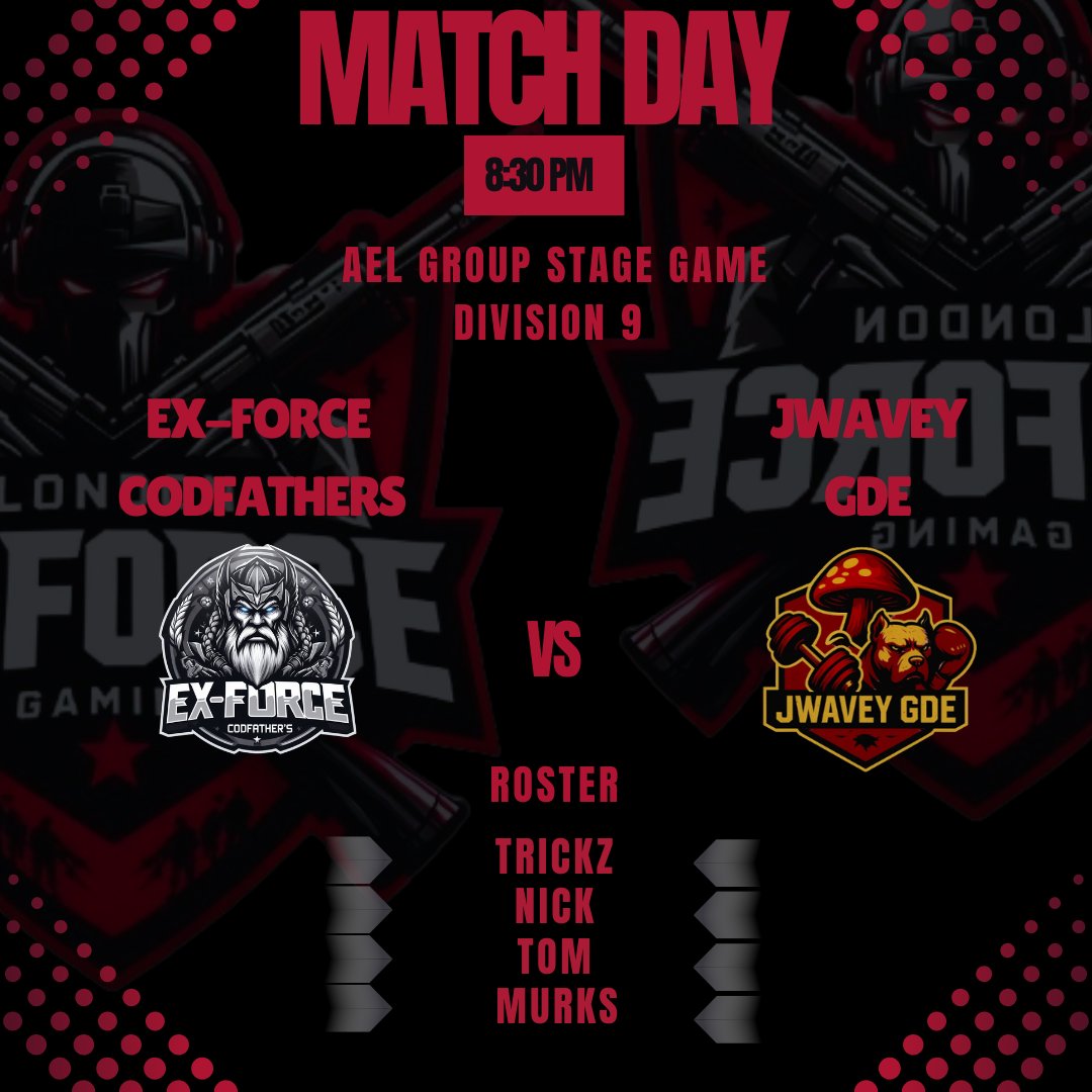 MATCH DAY!!

📅 - Thursday 14th August
⏰ - 8:30pm
🆚 - Jwavey GDE
 
<a href="/AMeLeague/">AEL - Amateur Esports League</a>

⚫ - <a href="/GloriousTrickz/">Glorious Trickz</a> 
⚪ - <a href="/Im_Nickaay/">Nic McCormack</a> 
⚫ - <a href="/ThomasWarren__/">Thomas Warren</a>
⚪ - Murks

📺 - twitch.tv/tayjim2icy