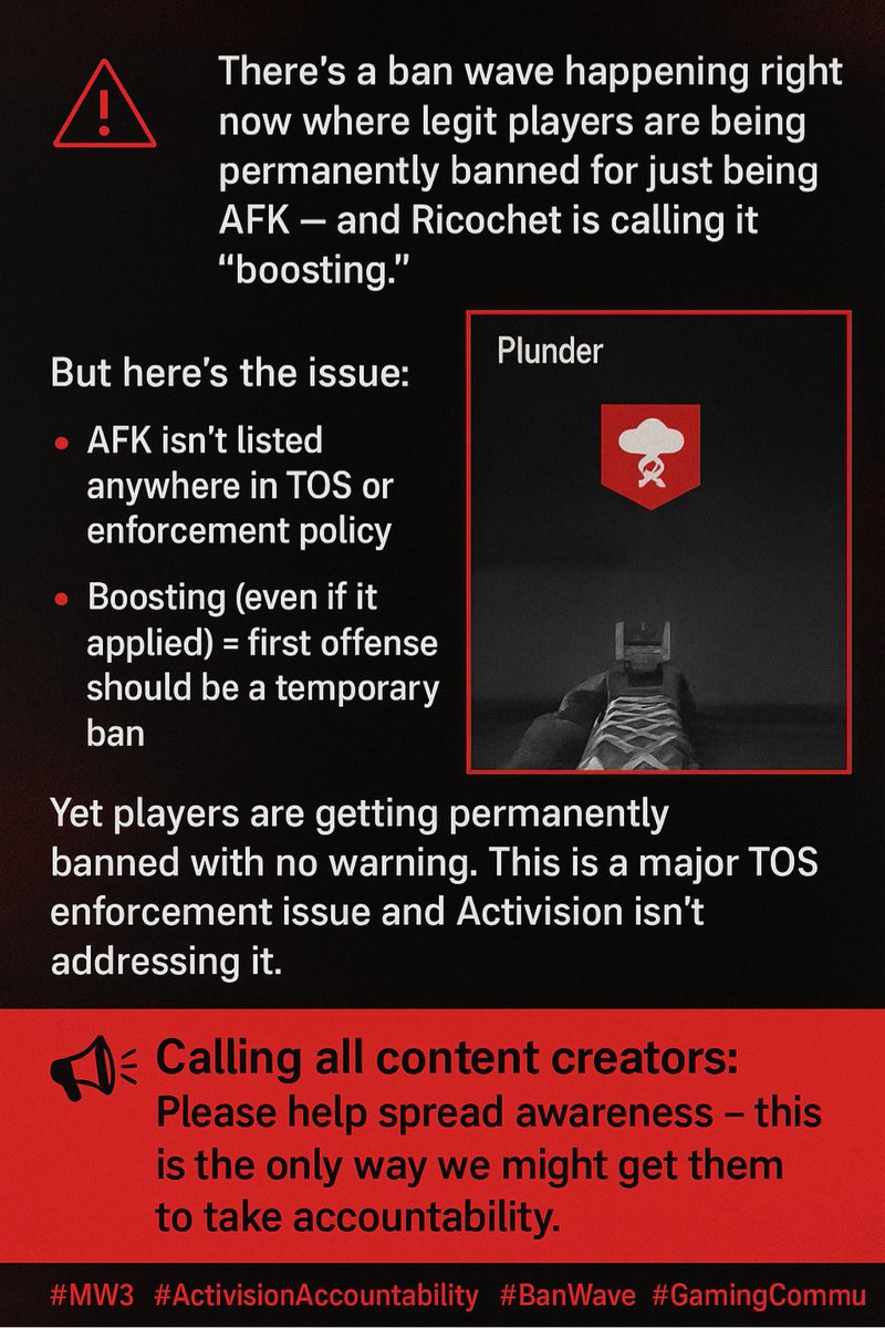 Pixolator's tweet photo. 📢 Unofficial Patch Notes: AFK Edition

NEW: Going idle in Plunder (casual, non-ranked) now unlocks a Permanent Ban.
REMOVED: Warnings & meaningful appeals.
HOTFIX: Security Policy text quietly edited after the ban wave (farewell, “colludes with another user”).
BUFF: Actual cheaters receive relaxing temporary suspensions. 🏖️
ECONOMY: Battle Pass XP slowed; 20 Tier Skips for $20 added to the store. 💳
LEGACY CONTENT: Two-decade, spotless accounts marked “deprecated.”
KNOWN ISSUE: Customer trust experiencing catastrophic failure. 🔥

This isn’t competitive integrity, it’s retroactive rule-making + monetization. If a clean, day-one account isn’t safe, nobody is.

Creators/media, please pressure for transparency and real reviews:
@DrDisrespect @timthetatman @NICKMERCS @Swagg @Repullze @IceManIsaac @WhosImmortal @ModernWarzone @TheTacticalBrit @JGODYT @charlieINTEL @raratoman

#CallOfDuty #Warzone #AFKBan #ActivisionLogic #UnbanCODVets #GamingCommunity