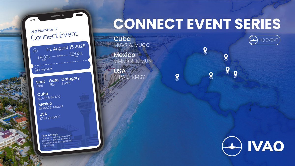 ivaoaero's tweet photo. Someone said Connect Series? 🌎✈️
📅 15 AUG | ⏰ 18z–23z

🇺🇸 KTPA/KMSY | 🇲🇽 MMMX/MMUN | 🇨🇺 MUVR/MUCC
Three countries, six airports, one unforgettable night in the skies. 💙

#IVAO #IVAOEvents #ConnectSeries #FlightSimulation https://t.co/xA0SehP9rC