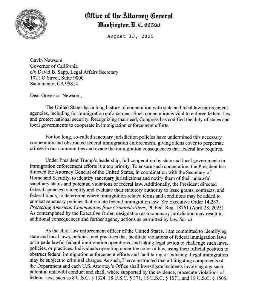 Attorney General Pamela Bondi (@agpambondi) on Twitter photo Any sanctuary jurisdiction that continues to put illegal aliens ahead of American citizens can either come to the table or see us in court.
Today <a href="/TheJusticeDept/">U.S. Department of Justice</a> delivered demand letters to sanctuary cities, counties, and states — a key step in our strategic effort to eradicate Any sanctuary jurisdiction that continues to put illegal aliens ahead of American citizens can either come to the table or see us in court.
Today <a href="/TheJusticeDept/">U.S. Department of Justice</a> delivered demand letters to sanctuary cities, counties, and states — a key step in our strategic effort to eradicate