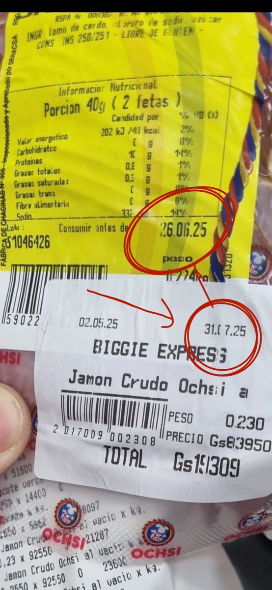 Está es solo 1 de las miles de muestras diarias del peligro de consumir en #Biggie carnes y embutidos, en especial los productos de  #OCHSI, vean las fechas de vencimiento. “Re etiquetados”  en todos los grupos de whatsapp se habla del modus operandis de esta cadena