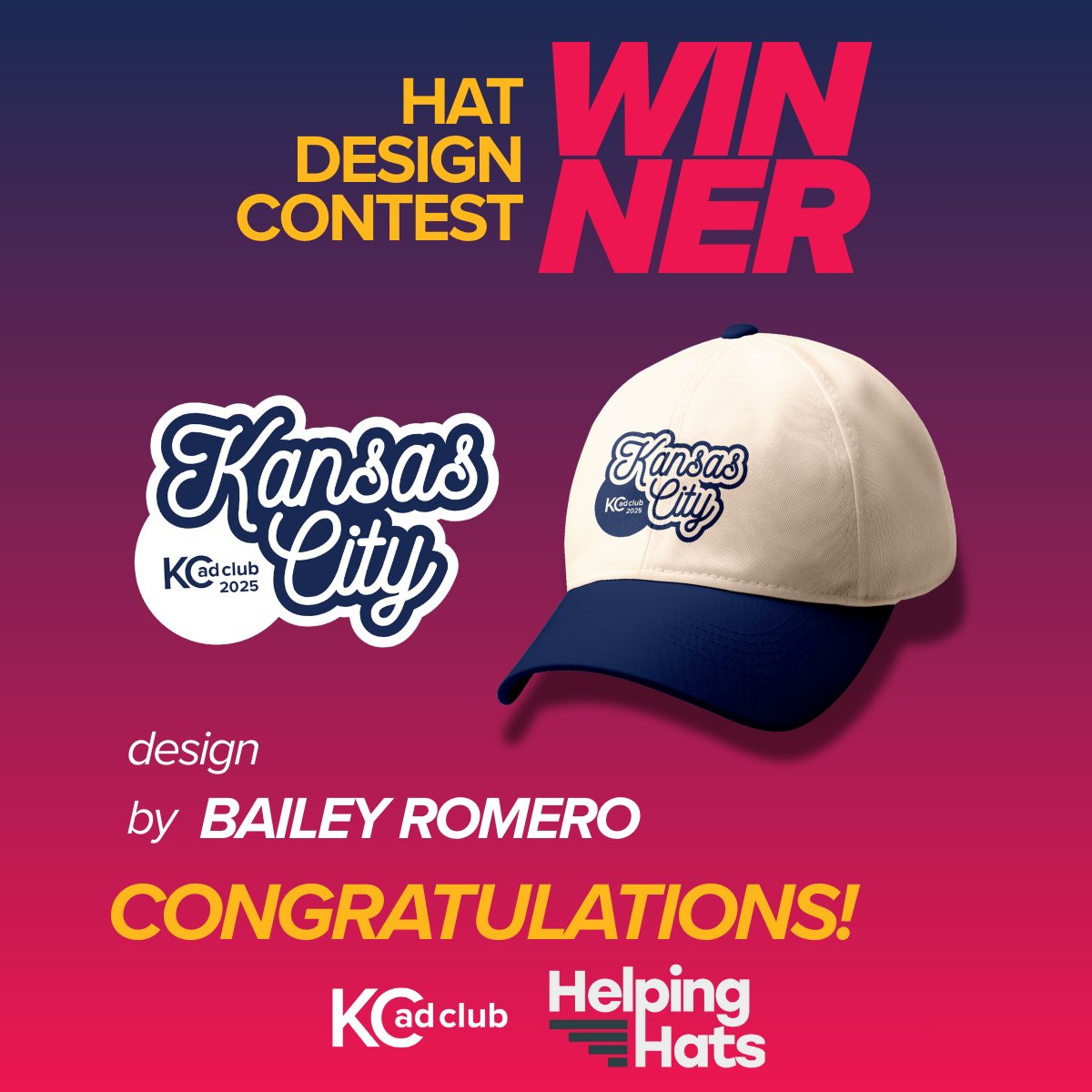 kcadclub's tweet photo. 🎉 We have a winner! Congrats to Bailey Romero for taking the top spot in our Helping Hats Design Contest with their amazing design! 🧢✨ Thank you to everyone who submitted and voted. 💛

👀 Keep an eye out for details on how to purchase this winning hat &amp; support a great cause! https://t.co/bKW7eYbiZ6