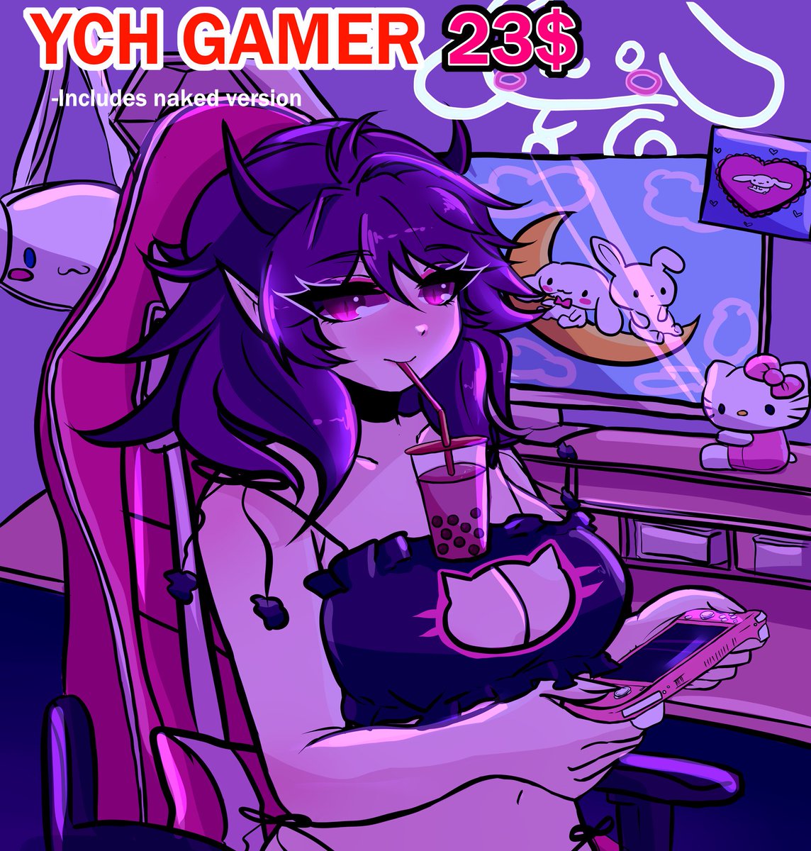 YCH GAMER 23$
1 SLOTS (You can choose the flavor of the drink.)
-All types of species: human, kemono, furry, femboy
-Includes naked version
Delivery August 24