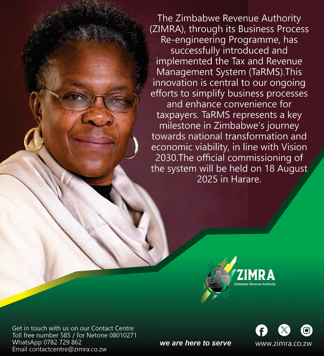 ZIMRA launches the new Tax &amp; Revenue Management System (#TaRMS) to simplify processes &amp; boost taxpayer convenience—driving 🇿🇼 towards Vision 2030.
Official commissioning: 18 Aug 2025, Harare.
#MyTaxesSimplified #TaRMS #StrengtheningTrust