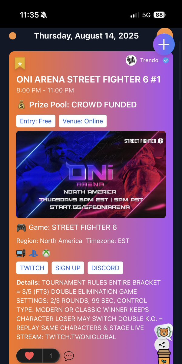 You might have missed what’s going on today…but the demons at <a href="/ONiGlobal/">ONi</a> are unleashing their first-ever Street Fighter 6 tournament ⚡🔥

📜 Rules: Modern or Classic, Winner keeps character, Loser may switch

Stay tapped in with Brackify.gg — where you’ll always