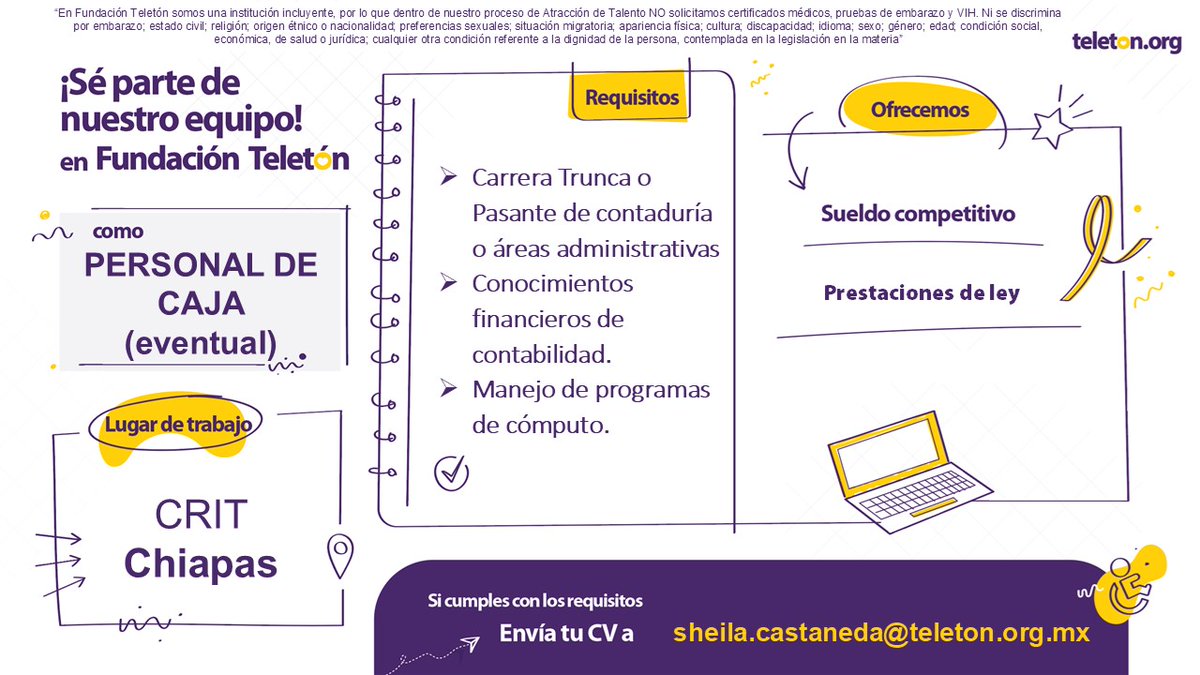 Intégrate al equipo de talento humano de Teletón Chiapas. Únete a nuestra misión y juntos podemos lograr grandes cosas.
Envía tu curriculm a sheila.castaneda@teleton.org.mx
Teletón Cambia Todo