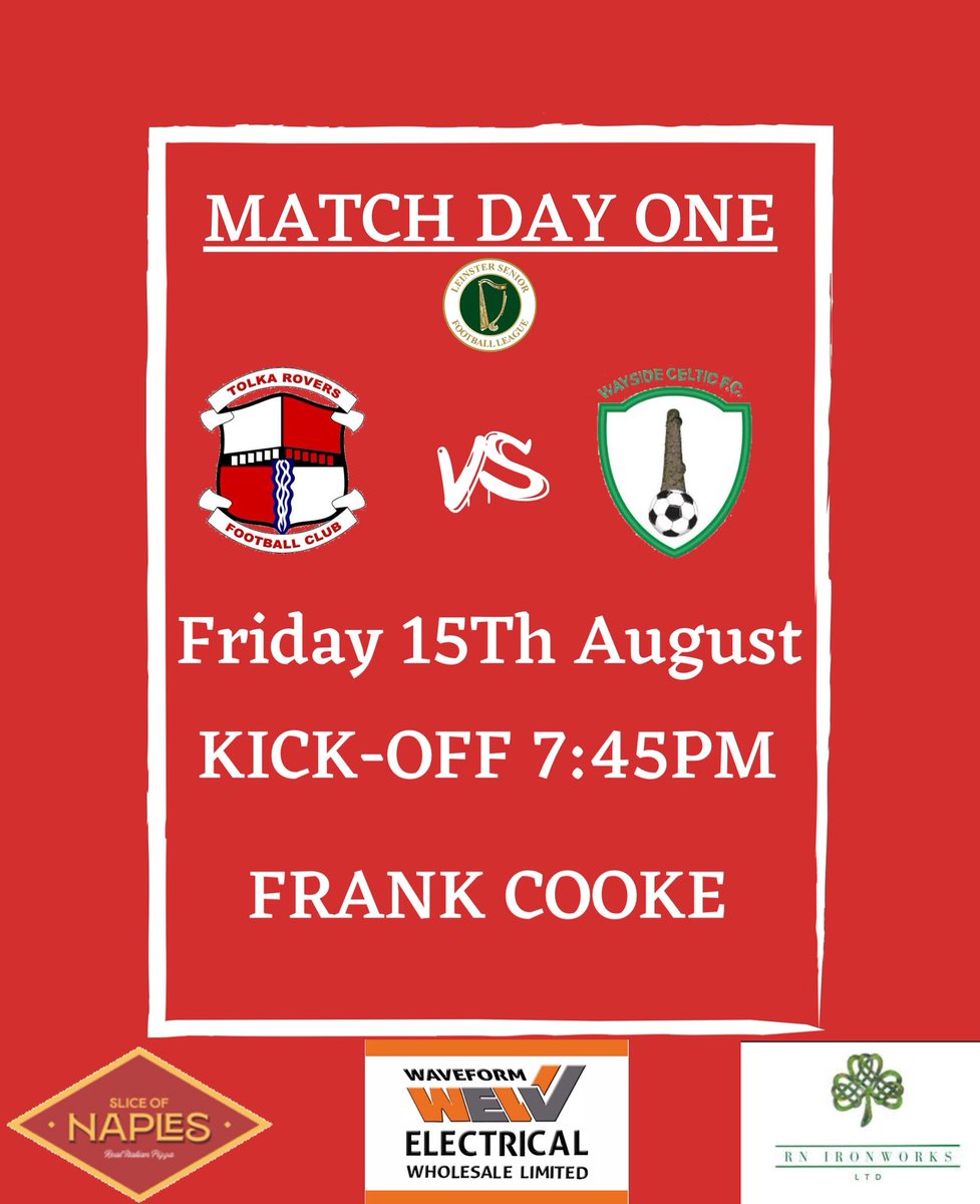 MATCH DAY 🏟️⚽.Tomorrow night under the lights at Frank Cooke 🔴⚪

🆚 Tolka Rovers vs Wayside Celtic
⏰ Kick-off: 7:45pm
📍 Frank Cooke Park
📺 LIVE on StaydiaSports

🍺 Bar open from 7pm – €5 pints on selected drinks!

Let’s pack the place and get behind the lads! 🔥