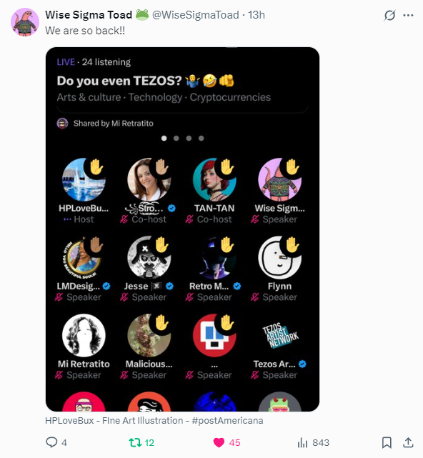 ryangtanaka | teia.cafe (@ryangtanaka) on Twitter photo Are people feeling it? We are so back!
Yes, #Tezcon will take *all* the credit for making it happen. During the event we included subliminal messages that hypnotized people into wanting to buy Tezos NFTs...also known as "marketing". 🤣
Good job, <a href="/mightymoss/">mightymoss</a> <a href="/FendelMarc/">Fendel de la Créme (aka: Fenlord Drippin')</a> Are people feeling it? We are so back!
Yes, #Tezcon will take *all* the credit for making it happen. During the event we included subliminal messages that hypnotized people into wanting to buy Tezos NFTs...also known as "marketing". 🤣
Good job, <a href="/mightymoss/">mightymoss</a> <a href="/FendelMarc/">Fendel de la Créme (aka: Fenlord Drippin')</a>