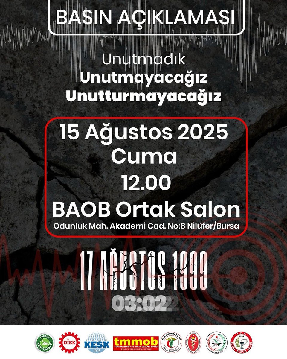 Unutmadık Unutmayacağız! #17Ağustos1999

Basın açıklaması 
15 Ağustos Cuma
12.00
BOAB Ortak Salonu