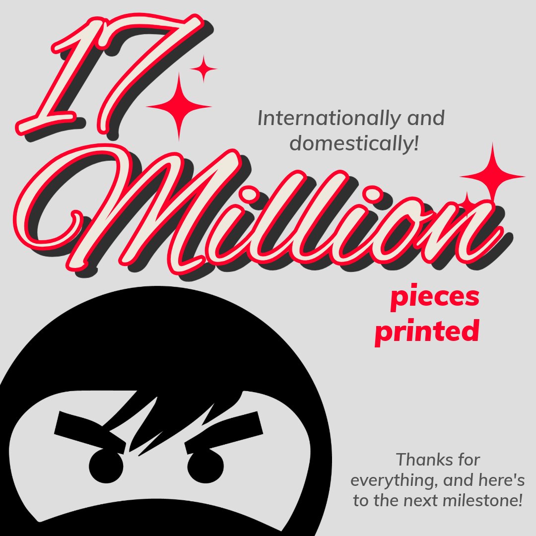 🎉 17 MILLION PIECES PRINTED!! 🎉 

Woohoo! We couldn't have done it without you. Thanks a (17) million, and cheers to the next million and counting!

#selfpublishing #bookprinting #cardprinting #usprinting #domesticprinting