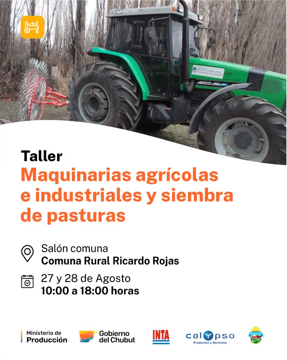 #Taller
 Los invitamos al Taller de "Maquinarias agrícolas e industriales y siembra de pasturas"  que se realizará en la Comuna Rural Ricardo Rojas.
✍️información e inscripción: delegacionsurmp24@gmail.com
📲celular: 297-4644237
No pierdas la oportunidad de capacitarte