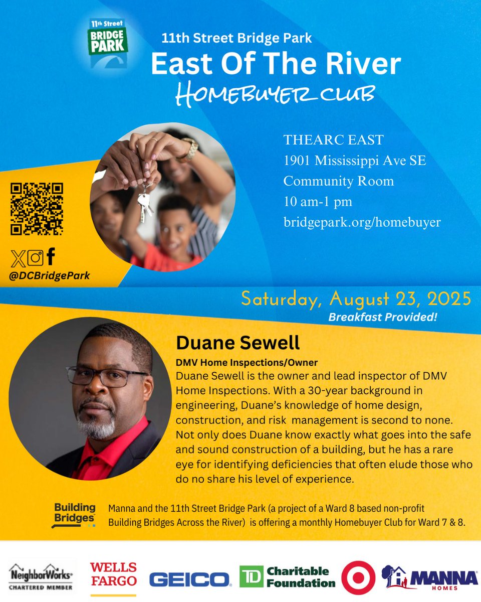 DCBridgePark's tweet photo. 🏡 Ready to become a homeowner?

Next Sat, 10 AM–1 PM, join our East of the River Homebuyers Club featuring Duane Sewell of DMV Home Inspections! Qualify for $2,500 in grants &amp; get tips on buying a home.
https://t.co/vKSBw4RZGt

#DCBridgePark https://t.co/NnihYoHwM6
