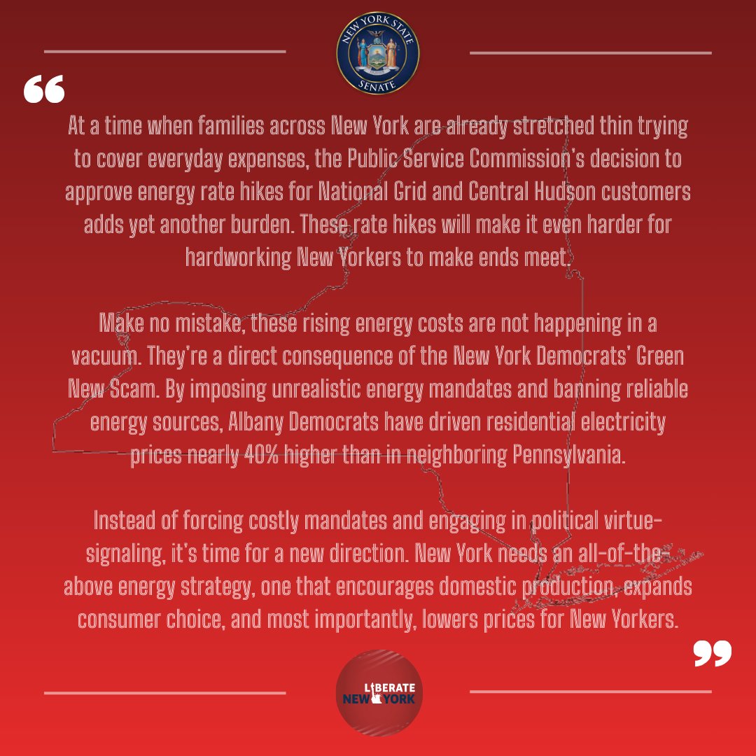 nysenategop's tweet photo. Statement From Senate Republican Leader @SenatorOrtt On the PSC Vote to Approve National Grid and Central Hudson Rate Hikes https://t.co/ZycNF1EgCc
