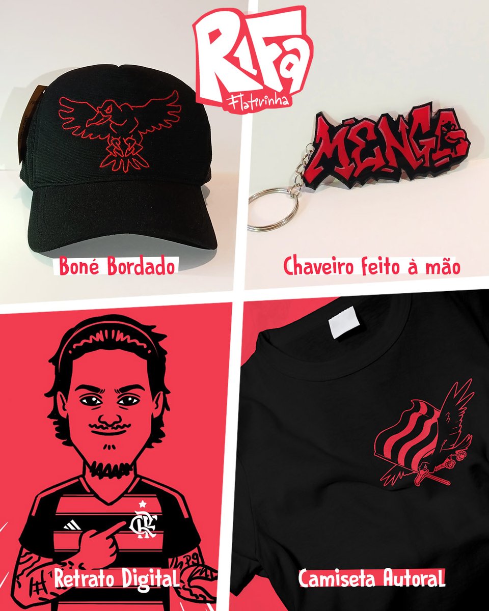 🔥 RIFA FLATIRINHA 🔥
Chegou a hora de concorrer a prêmios autorais e exclusivos do nosso jeitinho Rubro-Negro! 

Só um sortudo vai levar 4 prêmios, se liga:

- Camiseta Flatirinha — o vencedor escolhe o modelo e o tamanho na loja Flatirinha;
- Boné bordado à mão — Urubu pra