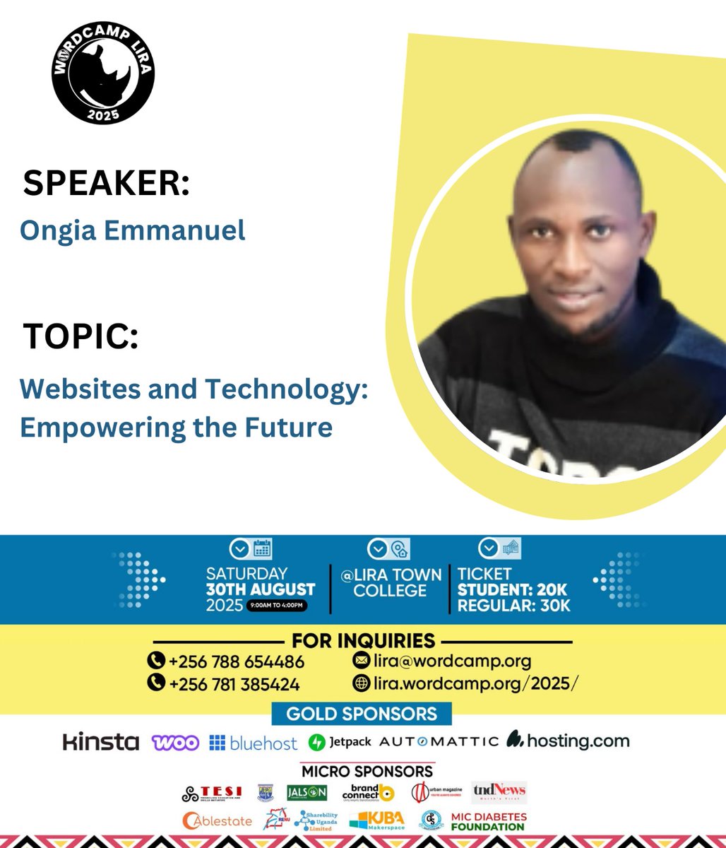 WordPressLira's tweet photo. Excited to share that @EOngia, founder of @Cotiafrica, will be speaking about what he's passionate about-building websites that do the work for you. He's among the few in Lira city who applied to speak. Thank you @EOngia #WCLira https://t.co/m8iPzUBYDN
