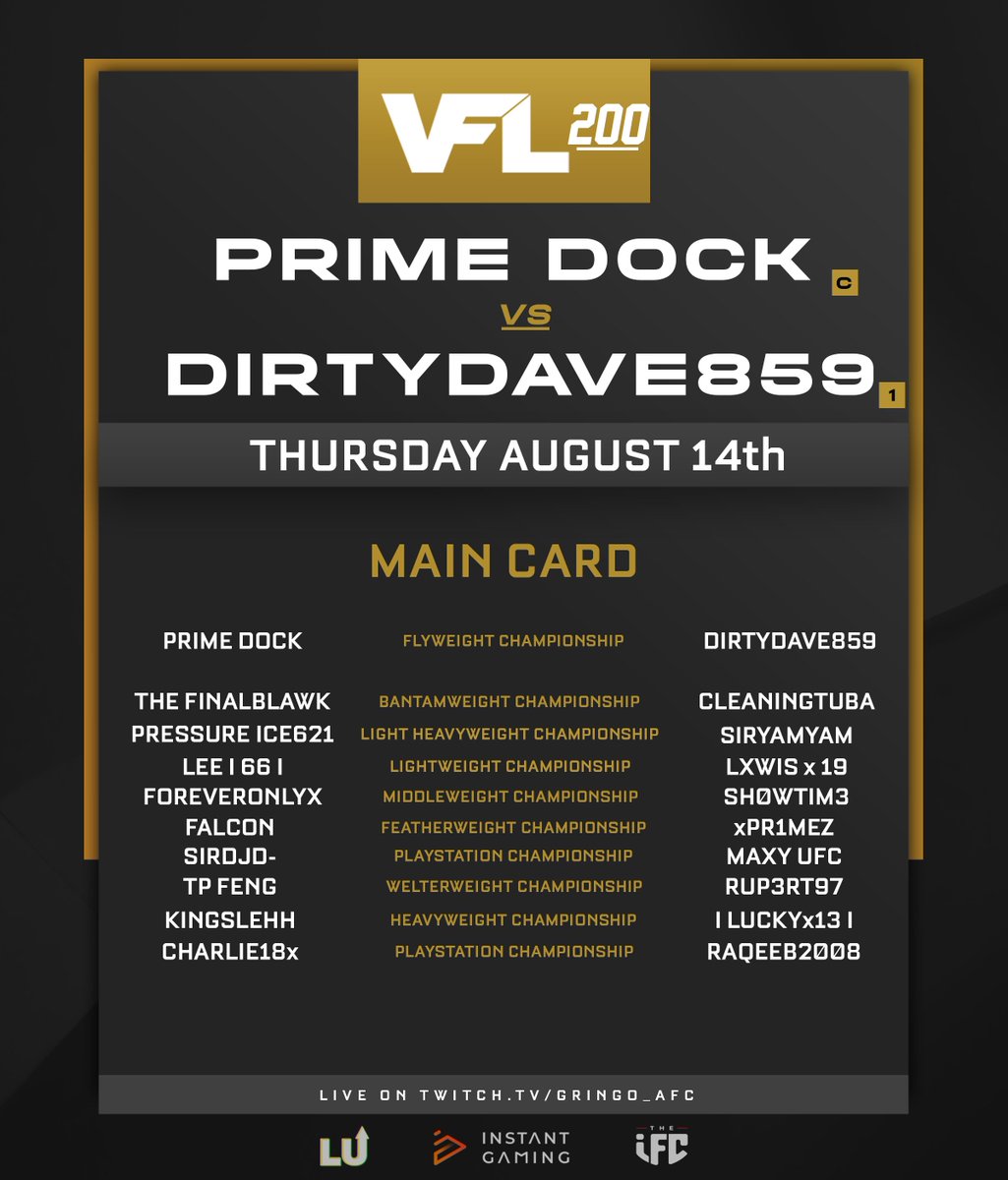 Gringo_AFC's tweet photo. VFL 200: #PrimeDock vs. @DirrtyDave859 IV - The VFL Flyweight Championship of the World 🏆

🕕 6pm BST / 1pm US EST for the Prelim Card!

🕙 10pm BST / 5pm US EST for the Main Card!

📹 https://t.co/QCZvyxaeET #VFL #EASPORTSUFC5 https://t.co/gncEISqdNZ