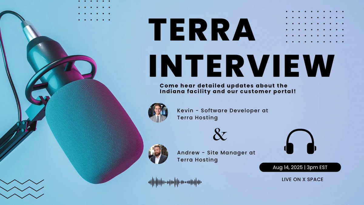 Terra Hosting (@hostwithterra) on Twitter photo Excited to get to interview our very own Terra team today! π
This will not just be your normal Terra updates! We will have <a href="/AndrewTerraOps/">Andrew Collier</a> and <a href="/KevDev0418/">Kevin Nelson</a> on to break down whatβs going on with our Indiana facility and our incredible customer portal π
Come join us to hear all Excited to get to interview our very own Terra team today! π
This will not just be your normal Terra updates! We will have <a href="/AndrewTerraOps/">Andrew Collier</a> and <a href="/KevDev0418/">Kevin Nelson</a> on to break down whatβs going on with our Indiana facility and our incredible customer portal π
Come join us to hear all