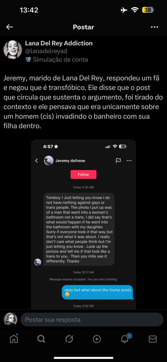 🚨Jeremy Dufrene, marido de Lana Del Rey, negou ser transfóbico e afirmou que sua publicação foi tirada de contexto:

“Quero deixar claro que não tenho nada contra gays ou pessoas trans. A foto que publiquei mostrava um homem (cis) entrando no banheiro feminino, e não uma pessoa