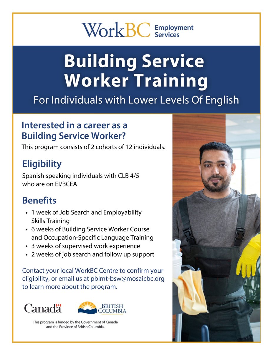 🚨 Interested in a career as a Building Service Worker?
We’ve got the perfect opportunity for you!

🔹 Full-time program (12 weeks total)
🔹 Small cohorts (10–12 participants)

Contact us today to learn more and register!

#CareerTraining #JobReady #workbccentrerichmond