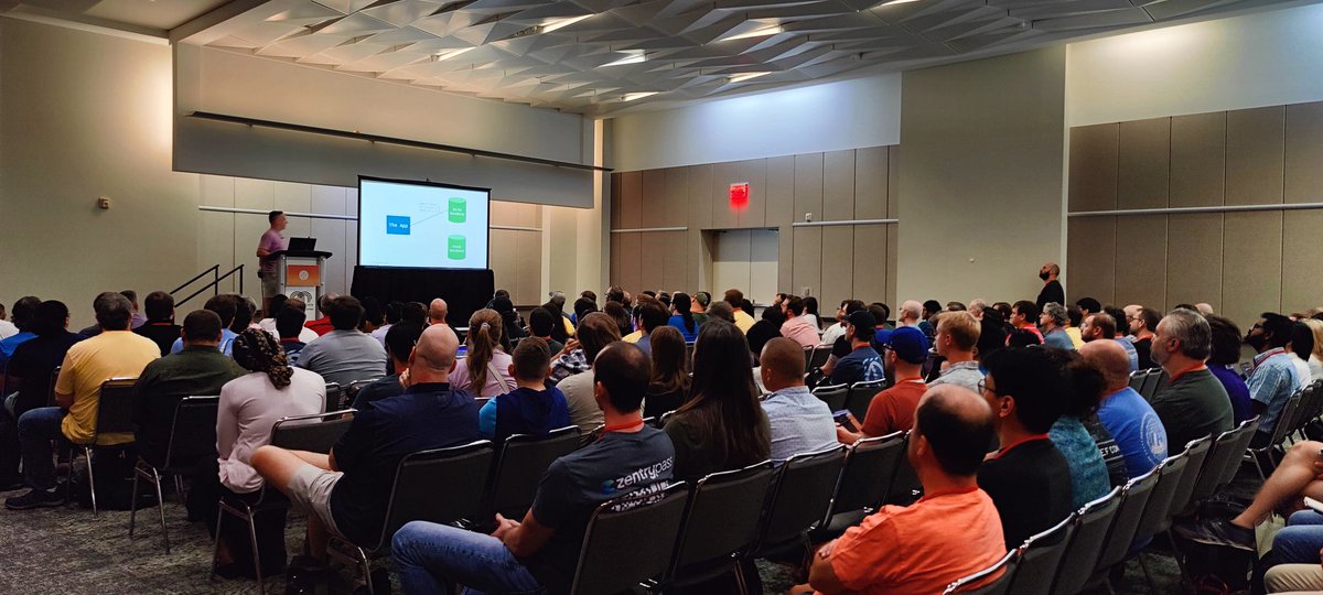 Faelor's tweet image. Senior BBQ pitmaster and amateur OSS maintainer Jimmy Bogard has a packed room for his Consistency and Agreements in Distributed Systems presentation at  #kcdc2025 .