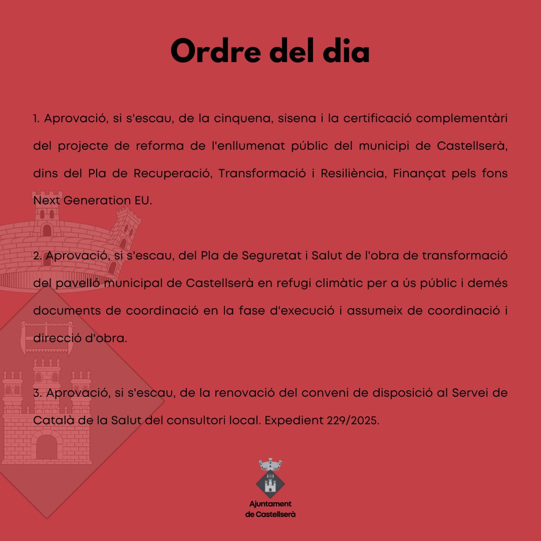 📢 Sessió extraordinària del Ple Municipal de l'Ajuntament de #Castellserà

🗓️ Dijous 14 d'agost
🕥 20.00 h
🏛️💻 Ple presencial retransmès en directe

El podreu seguir des del canal de youtube de l'Ajuntament de Castellserà

Amb l'ordre del dia de la imatge.