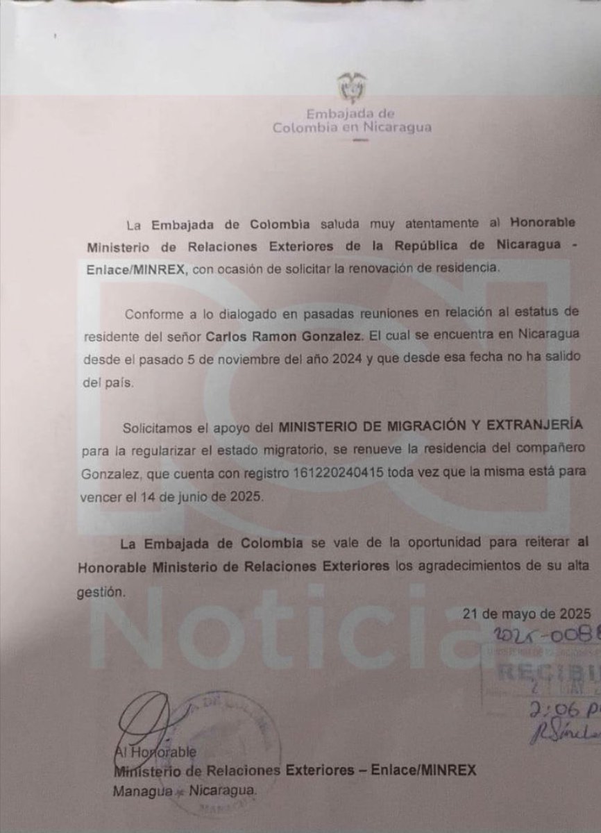 Noticias RCN (@noticiasrcn) on Twitter photo #ATENCIÓN 🚨 EXCLUSIVO | Carlos Ramón González, prófugo y exmano derecha de Gustavo Petro, obtuvo residencia en Nicaragua con ayuda del propio Gobierno colombiano… 📄💥 ¡El trámite se hizo el mismo día que fue imputado! Tenemos las pruebas. <a href="/Maryaristizabal/">Maritza Aristizábal</a> #ATENCIÓN 🚨 EXCLUSIVO | Carlos Ramón González, prófugo y exmano derecha de Gustavo Petro, obtuvo residencia en Nicaragua con ayuda del propio Gobierno colombiano… 📄💥 ¡El trámite se hizo el mismo día que fue imputado! Tenemos las pruebas. <a href="/Maryaristizabal/">Maritza Aristizábal</a>