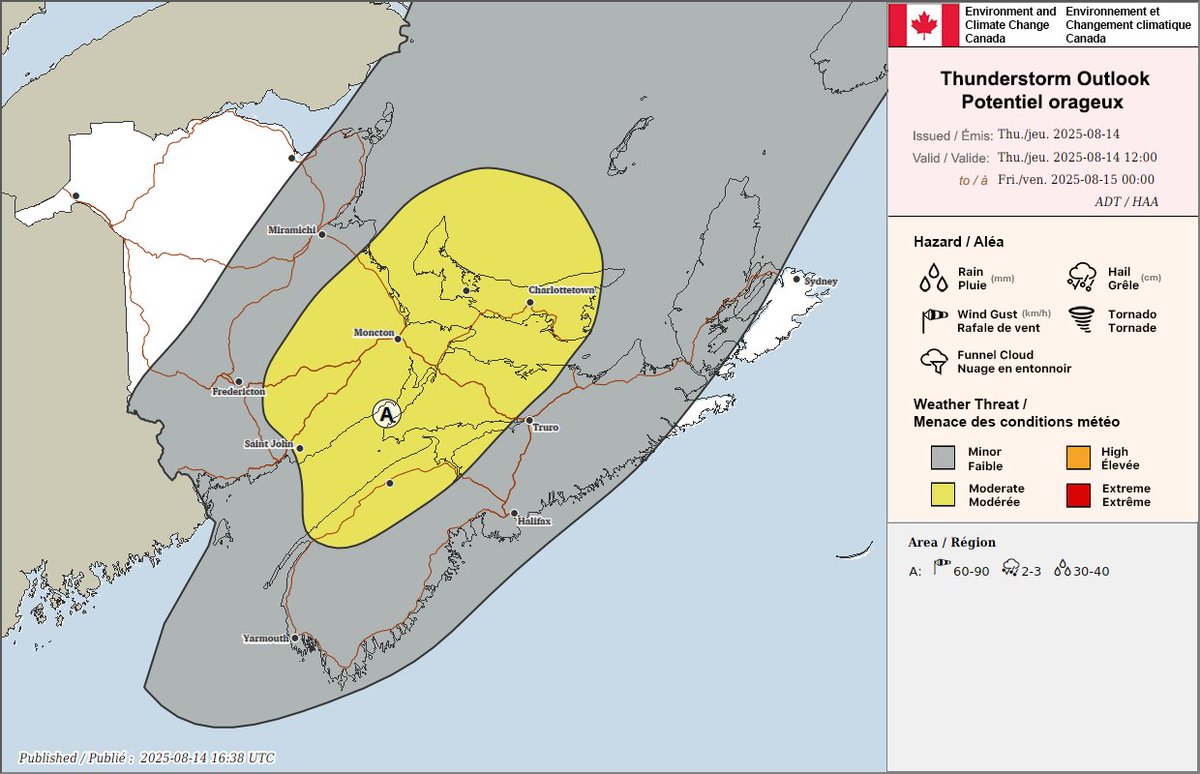 ECCCWeatherNB's tweet image. ⛈️ Here are the thunderstorm outlooks for the Maritimes for today and tonight.
#nbstorm