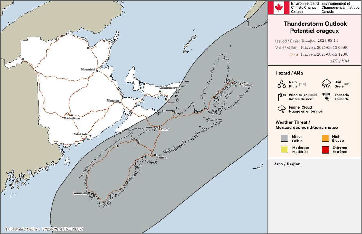 ECCCWeatherNB's tweet image. ⛈️ Here are the thunderstorm outlooks for the Maritimes for today and tonight.
#nbstorm