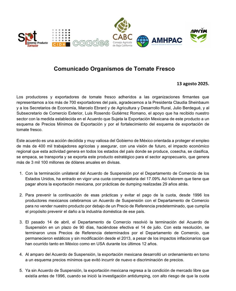 CABC_MX's tweet image. Los productores y exportadores de tomate fresco agradecemos a la Presidenta @Claudiashein  y a los Secretarios de Economía @m_ebrard  y de Agricultura y Desarrollo Rural, @JulioBerdegue  y al Subsecretario de Comercio Exterior @LuisRosendo_ , el apoyo recibido a nuestro sector 🍅