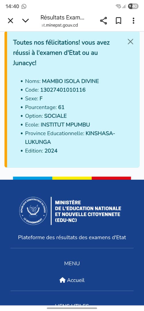 marcellinmuteba's tweet photo. @JeefMwanza Voici un exemple c'est le code de l'élève de cet année et ça donne ce résultats  et ceci dans toutes les écoles option sociale pour lukunga. Et pour tous les élèves https://t.co/G1zCOl1POH
