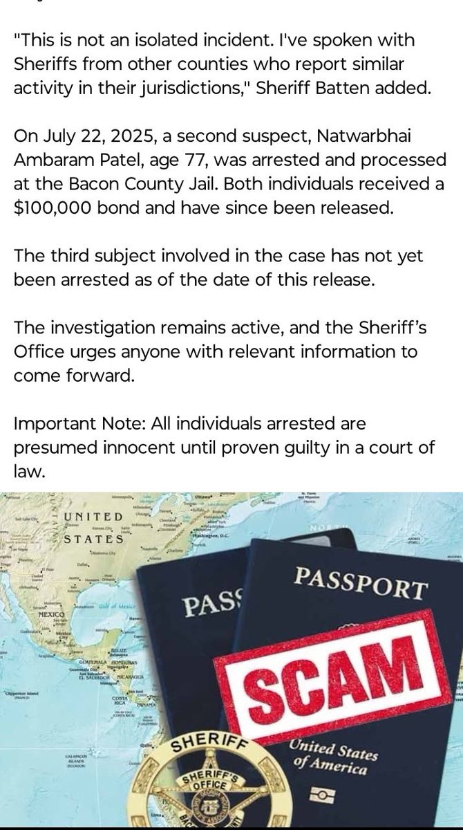 CAVEMAN (@srsniffsalot) on Twitter photo Immigration Scam Disrupted but <a href="/DHSgov/">Homeland Security</a> would not pursue.
WHY NOT ?
On Friday, July 11, 2025, the Bacon County Sheriff’s Office arrested Keshaula Hirabhai Patel (aka “Ken”), age 66, on a Special Presentment Bench Warrant issued after a Bacon County Grand Jury returned a true Immigration Scam Disrupted but <a href="/DHSgov/">Homeland Security</a> would not pursue.
WHY NOT ?
On Friday, July 11, 2025, the Bacon County Sheriff’s Office arrested Keshaula Hirabhai Patel (aka “Ken”), age 66, on a Special Presentment Bench Warrant issued after a Bacon County Grand Jury returned a true