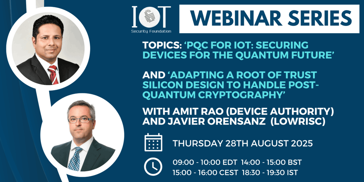 lowRISC's tweet image. On 28 Aug. our CEO Javier Orensanz Martinez &amp;amp; security expert Pascal Nasahl are discussing how the OpenTitan design can be adapted in the future to address the challenges introduced by the availability of quantum computers. Register for the IoTSF webinar: us06web.zoom.us/webinar/regist…