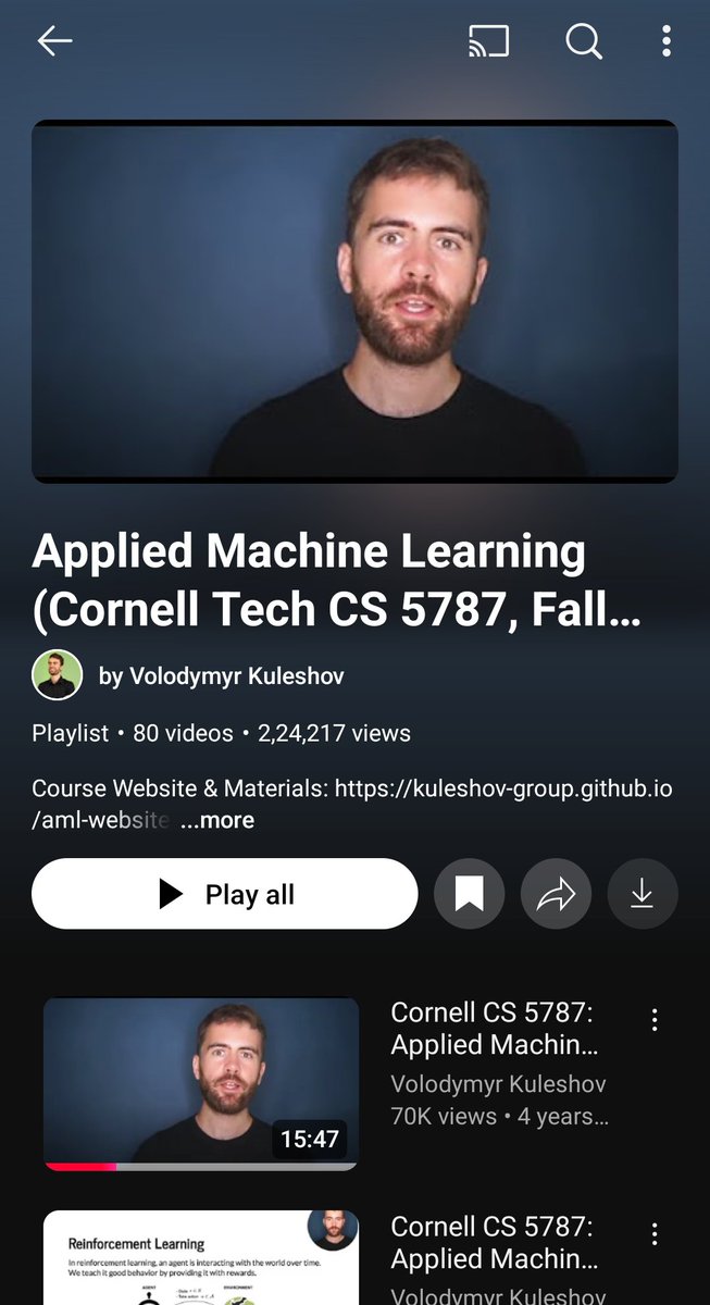 KrishnaNaraKun's tweet photo. Applied Machine Learning (Cornell Tech CS 5787, Fall of 2020)

Best applied ML playlist taught by Prof Volodymyr Kuleshov of Cornell.

The playlist is code intensive, hence a good grasp of python and libraries is Pre required.

Link in comments 😎👇 https://t.co/XvKMSabozz