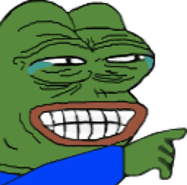 Pepe the Frog meme with a tear, smiling and pointing