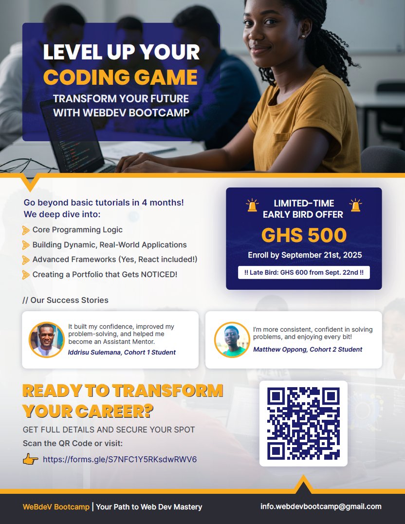 info_webdev's tweet image. 🚀 From zero to building real apps in 4 months.
💻 Master coding, React, and portfolio-ready projects.
📅 Early Bird ends Sept 21st — limited spots!
Apply now: forms.gle/tZmU1tjLHNuCKV…
#CodingBootcamp #WebDevelopment #CareerGrowth #WeBdeVBootcamp