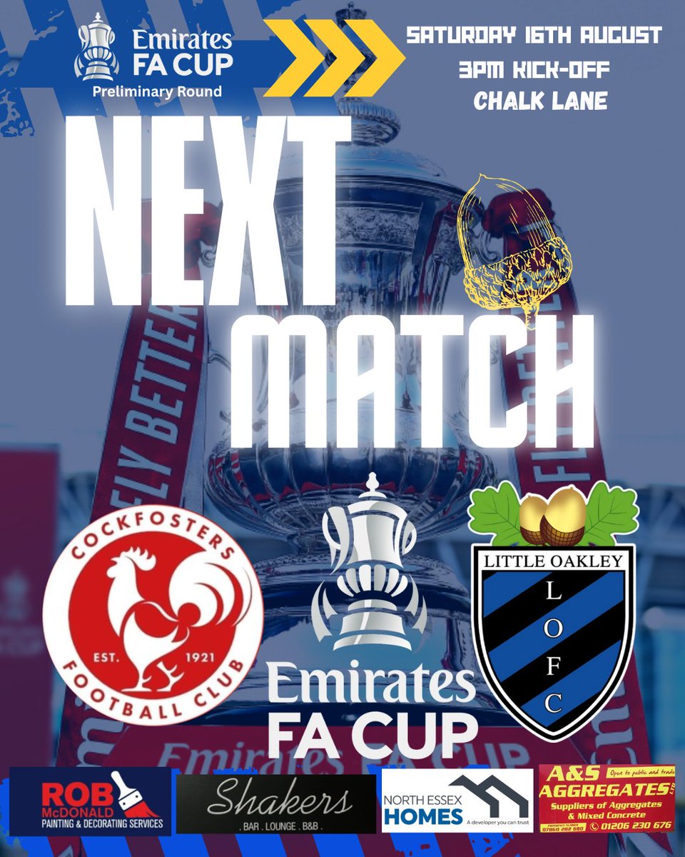 𝐋𝐢𝐭𝐭𝐥𝐞 𝐎𝐚𝐤𝐥𝐞𝐲 𝐅𝐂 (@littleoakleyfc) on Twitter photo ⚫🏆𝑵𝑬𝑿𝑻 𝑴𝑨𝑻𝑪𝑯🏆🔵
It's the Preliminary Round Of the <a href="/EmiratesFACup/">Emirates FA Cup</a> this Saturday For The Acorns.
We're Back on our travels this time to <a href="/CockfostersFC/">Cockfosters FC</a>.
There's Really Nothing Like The Magic Of The Cup.
So Travelling Support we need you & let's Get Behind The Boys In ⚫🏆𝑵𝑬𝑿𝑻 𝑴𝑨𝑻𝑪𝑯🏆🔵
It's the Preliminary Round Of the <a href="/EmiratesFACup/">Emirates FA Cup</a> this Saturday For The Acorns.
We're Back on our travels this time to <a href="/CockfostersFC/">Cockfosters FC</a>.
There's Really Nothing Like The Magic Of The Cup.
So Travelling Support we need you & let's Get Behind The Boys In
