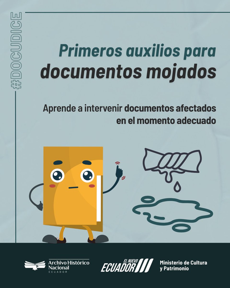 AHNEcuador's tweet photo. 📌 #DocuDice | Cuando un documento se moja, hay que actuar rápido con el siguiente protocolo de emergencia. Conócelo a continuación. https://t.co/OiokDAC6aA