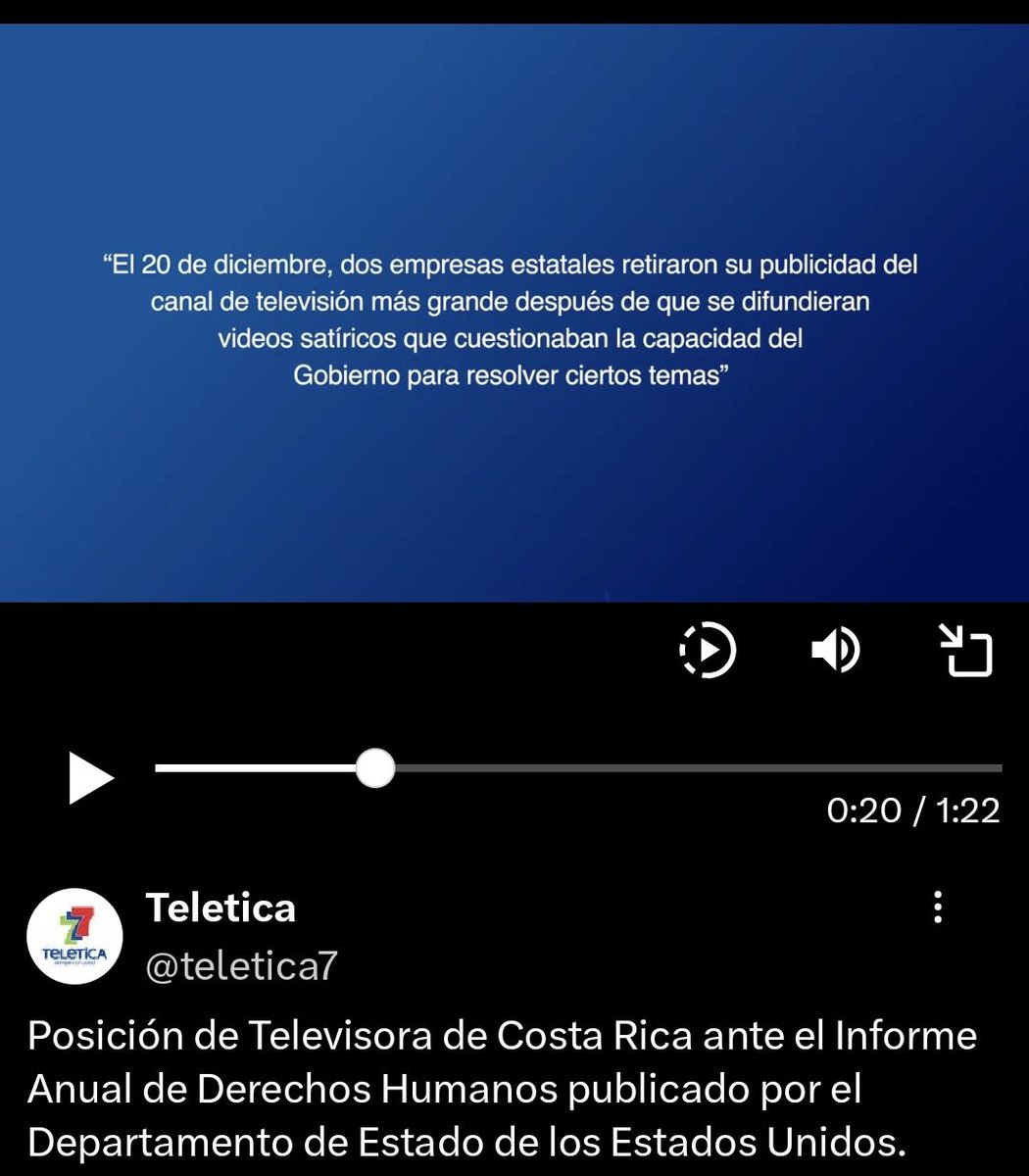 RosCasSol's tweet photo. ✒️ ¿"LOST IN TRANSLATION"?

🔍 Para constatar si, en efecto, el Informe Anual 2024 sobre Derechos Humanos de @SecState afirma que hubo censura con el retiro de la pauta de dos empresas públicas, @BancoPopularCR y @grupoICEcr, del espacio "El Chinamo" de @teletica7, entré al documento en https://t.co/HwNRKp1VVR

🔦 Sin embargo, para mi sorpresa, el reporte no afirma que hubo censura y, sin nombrar a las empresas ni a la televisora, incluye el incidente con redacción muy cautelosa ("alleged"; "potential") para distanciarse de afirmarlo y subrayar que dicha interpretación fue exclusiva de algunas organizaciones ("some"; ni siquiera "several"), como se lee en el extracto textual (👇 ver captura):

"On December 20, two state-owned companies chose to withdraw their advertising from the largest television station following the release of satirical videos that highlighted alleged government challenges in addressing various matters. The decision raised concern among some organizations, which viewed it as a potential attempt to use state funding to influence editorial content."

🔬 Luego, al leer "organizaciones", busqué las fuentes del informe (https://t.co/2g86BPciiX) y encontré que, de nuevo, este se cuida de emitir conclusiones jurídicas ("The Country Reports do not state or reach legal conclusions with respect to domestic or international law.") y sostiene que su fuente principal son ONGs ("Particularly helpful for citation are domestic and international NGOs."), pero previene que los reportes de estas pueden incluir exageraciones o falsedades resultantes de intereses políticos ("Individuals and groups opposed to a government may have incentive to exaggerate or fabricate abuses.").

📣 A diferencia, donde el documento de @SecState sí afirma es en el Resumen Ejecutivo que describe textualmente así la actual situación de Derechos Humanos en Costa Rica (👇ver captura):

"There were no significant changes in the human rights situation in Costa Rica during the year.
There were no credible reports of significant human rights abuses.
The government took credible steps to identify and punish officials who committed human rights abuses."

📢 Entonces, resta preguntar a @Teletica7 por qué, en vez de traducir y poner en pantalla la cita completa de @SecState, cortó lo afirmado en el reporte (👇 ver captura del comunicado) para dejar por fuera la parte donde el Informe @SecState evita concluir (de hecho, nunca usa términos como "castigo" o "represalia") y en su lugar afirma que la preocupación por el retiro de la pauta fue exclusiva de ***algunas organizaciones***.

🔥 Costa Rica merece respuestas porque @teletica7 (empresa beneficiada en 2014 con la llegada del PAC al gobierno al lograr evitar juicio por presunta evasión; 🔗 ver nota de @SemanarioU en https://t.co/7PfOcrn2UV) ha cruzado agudas fronteras como cuando dos de sus periodistas (despedidos tras rechazo popular; 🔗 ver nota de @ElObservador_cr en https://t.co/YaqKyEmzL0) difundieron el número de teléfono personal del mandatario en redes sociales tras meses de antagonizar contra un gobierno que redujo drásticamente la pauta estatal a grandes medios (🔗 ver editorial de @elmundocr en https://t.co/LaZ0W1jrrB) y exigió actualizar las tarifas de frecuencias radioeléctricas (hoy en la ridícula suma de 120 mil colones anuales equivalentes a $250USD) para calcularla sobre la facturación de publicidad de los emporios arrendantarios (🔗 ver nota de @delfinocr en https://t.co/hx260jzaE7).

🚨 Así, en pro de la imagen del país, el gobierno debe enviar por @cancilleriacrc un derecho de respuesta al @SecState del actual @SecRubio para puntualizar estos aspectos y preguntar por qué el informe tiene omisiones tan graves como no incluir que la hija de un magistrado (cuya visa USA ya fue retirada) y quien trabajaba en @CorteIDH, escribió en redes que era hora de llamar un francotirador para el mandatario @RodrigoChavesR (🔗ver nota de @elguardiancr en https://t.co/ONz0u885qA).

🇨🇷 #ProhibidoOlvidar