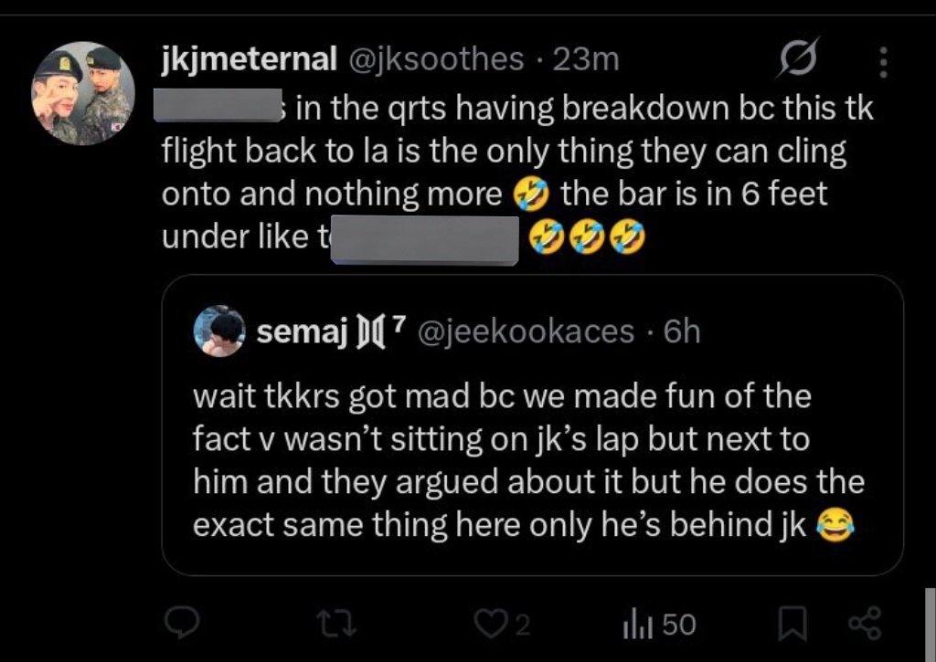 ‼️🚨⚠️ Jikooker using slurs and, making fun of 🐯 deceased grandma, glorifying d3ath, just because they can not move on from something that happened 10 days ago.

REPORT
&gt; VT &gt; glorification
&gt; VT &gt; Wish of harm 
x.com/jksoothes
x.com/jeekookaces

Give 20 replies✅️