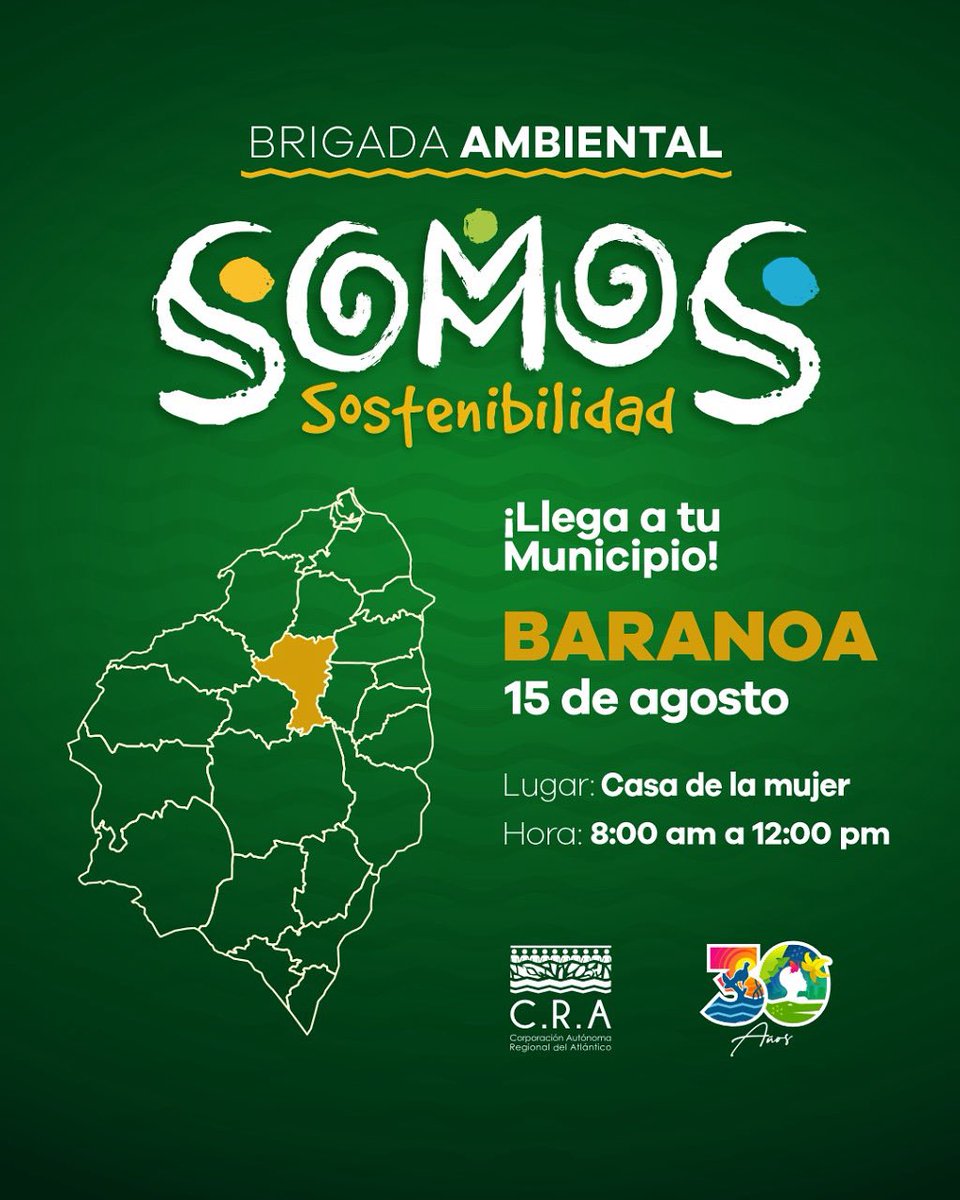 ¡La Brigada Ambiental Somos Sostenibilidad llega a Baranoa! 🌱🌎

Este 15 de agosto nos encontraremos en la Casa de la Mujer desde las 8:00 a.m. hasta las 12:00 p.m. para seguir construyendo juntos un territorio más consciente, limpio y comprometido con el ambiente 💚.