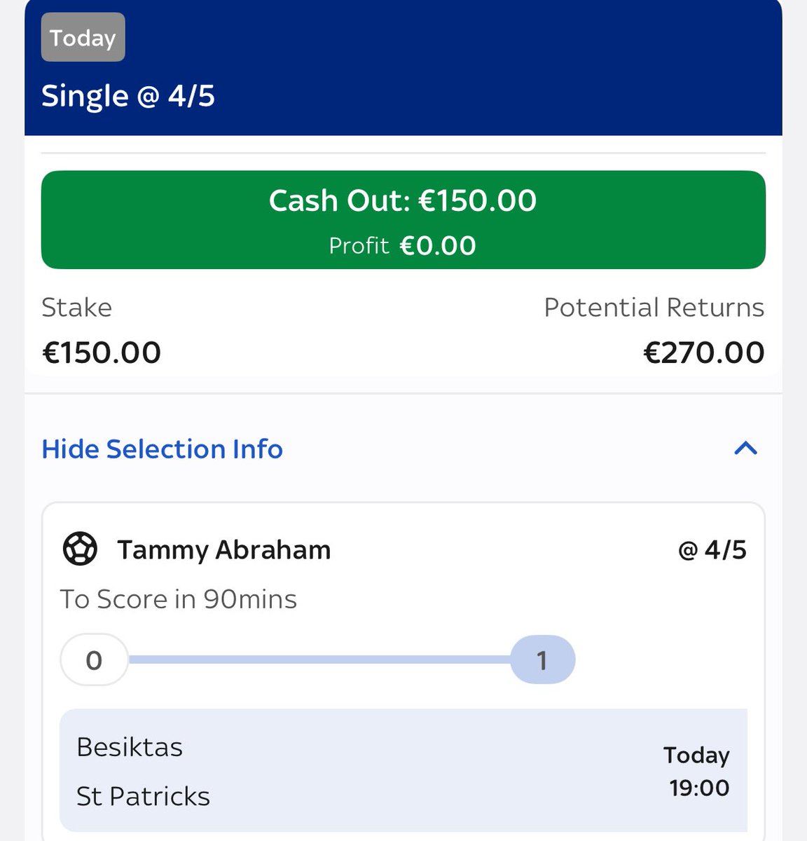 🇪🇺 Besiktas vs St Patrick’s 

📝 Tammy Abraham To Score - 4/5 On Sky Bet

Abraham scored a hat trick in the away leg of this tie. He’s on penalties and most importantly Besiktas are a far superior side to St Patrick’s. With Besiktas being priced at 1/9 to win, 4/5 for an Abraham
