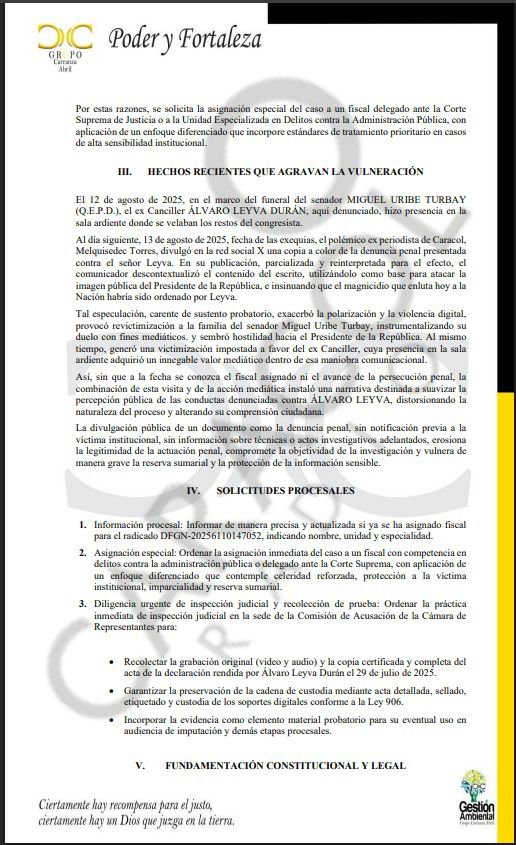 #JUDICIAL | El abogado del presidente Gustavo Petro (<a href="/petrogustavo/">Gustavo Petro</a>) radicó un derecho de petición ante la fiscal general, Luz Adriana Camargo, solicitando medidas urgentes y celeridad en la investigación penal contra el excanciller Álvaro Leyva (<a href="/AlvaroLeyva/">Álvaro Leyva Durán</a>)  por presunta