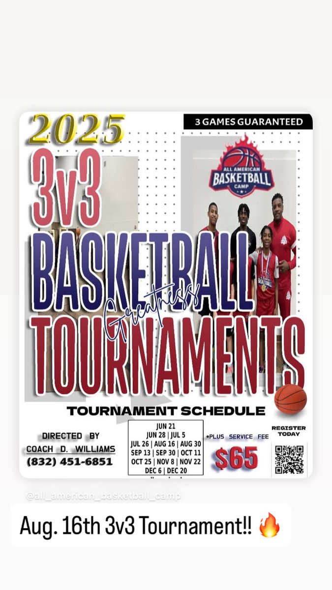 GM!

Hope all is well.  3v3 Tournament this Saturday Aug. 16th!

Register:

allamericanbc.com/3-vs-3-tournam…

cash app:
cash.app/$AllAmericanBC

Gym:

maps.apple.com/place?address=…

(3rd-HS)
Game start times are: 
3rd/4th-10:30am
5th/6th-11:45am
7th/8th-12pm
HS-1:30pm