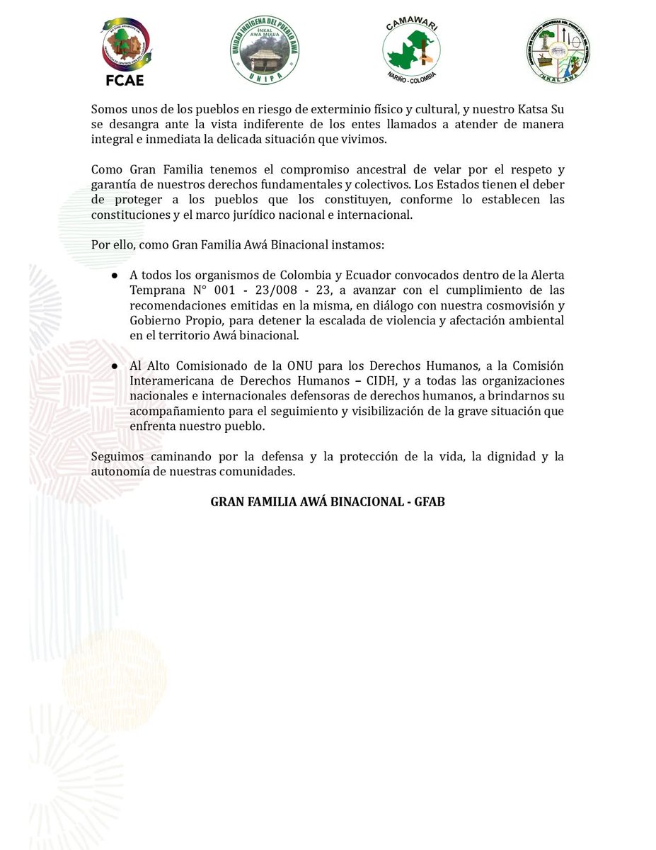 🔴𝐏𝐫𝐨𝐧𝐮𝐧𝐜𝐢𝐚𝐦𝐢𝐞𝐧𝐭𝐨 𝟎𝟎𝟐 𝐝𝐞 𝟐𝟎𝟐𝟓
SE AGUDIZAN LOS RIESGOS EN LA FRONTERA DEL PUEBLO AWÁ BINACIONAL

facebook.com/share/p/19peMT…