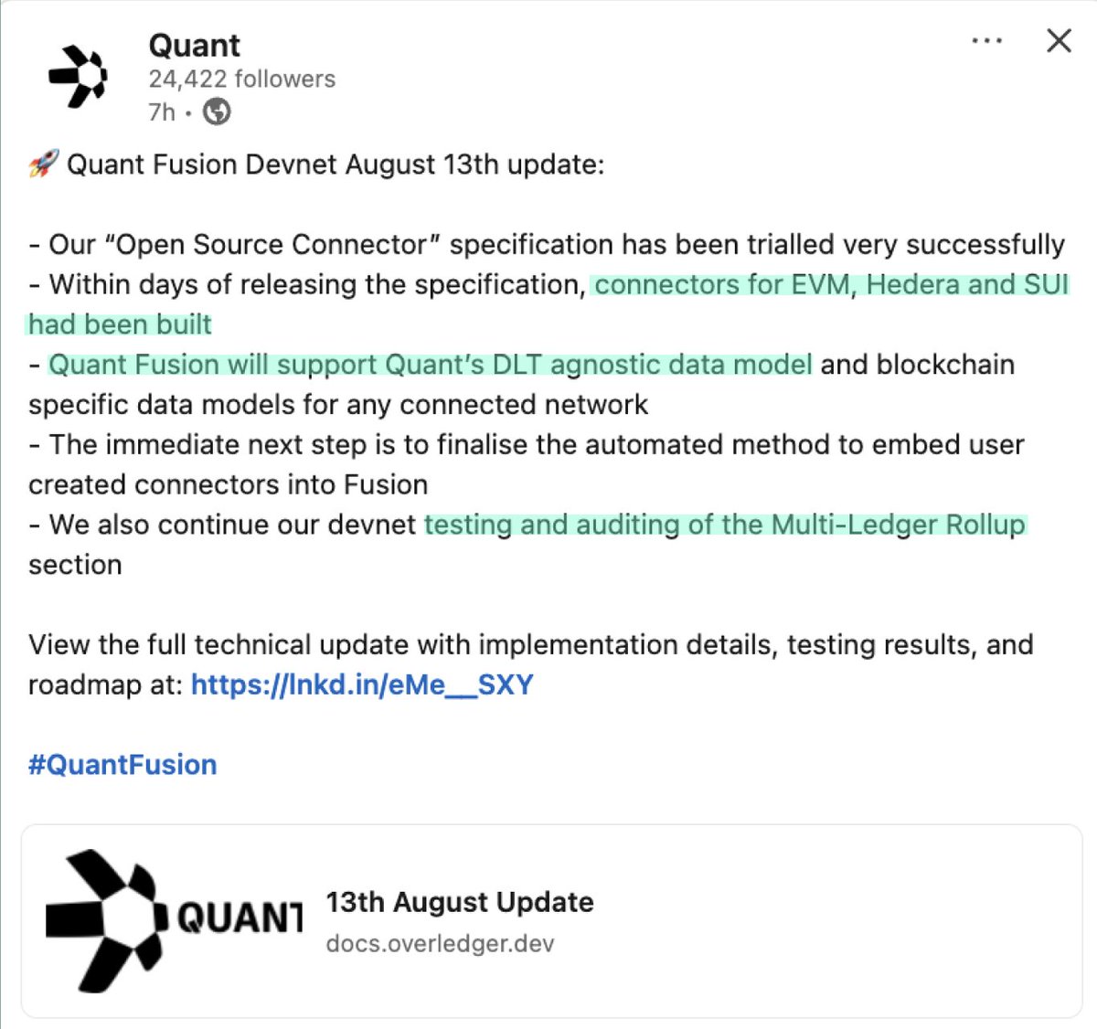 Quick Update on $QNT Fusion lately:

🔥EVM connectors to $HBAR &amp; $SUI built
🔥Support Quant's DLT agnostic data model
🔥Testing &amp; auditing Multi-Ledger Rollups

Establishing infrastructure for true interoperability into DLT across all rails.

Final step will be setting up the