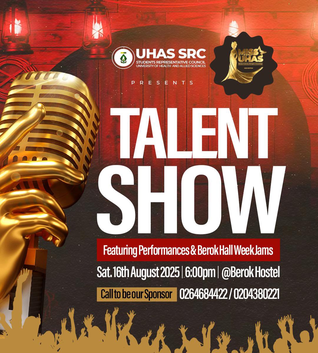 uhas__src's tweet image. UHAS SRC presents the ultimate Talent Show 🎶🔥
A night of mind-blowing performances + Berok Hall Week Jams you can’t miss! 🎭💃
📅 Sat, 16th Aug 2025
🕕 6:00 PM
📍 Berok Hostel
#UHAS #TalentShow #BerokHallWeek #UHASSRC #MissUHAS2025
