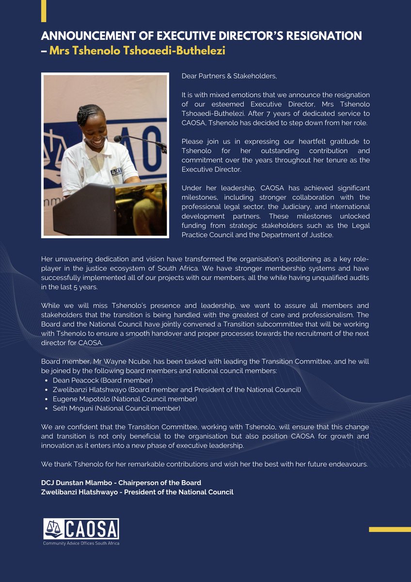 CAOSA12's tweet photo. ANNOUNCEMENT OF EXECUTIVE DIRECTOR'S RESIGNATION
- Mrs Tshenolo Tshoaedi-Buthelezi https://t.co/8Ph4P9Y1PM