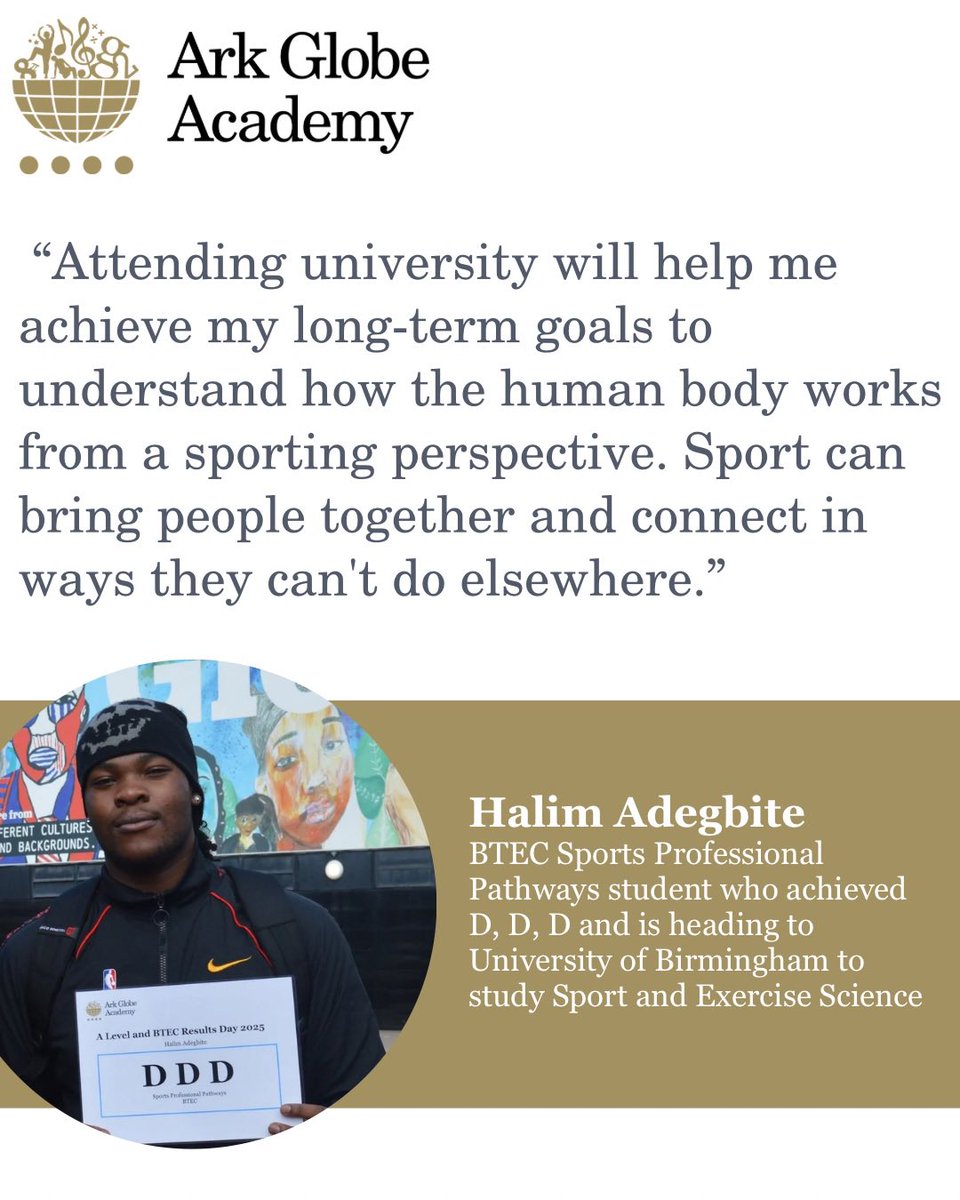 Ark Globe Academy (@arkglobeacademy) on Twitter photo Congratulations to Halim who got D, D, D in #BTEC Sports Professional Pathways and will study Sport and Exercise Science at <a href="/unibirmingham/">Uni of Birmingham</a>
#ALevelResultsDay2025 #Sports <a href="/ArkSchools/">Ark Schools & Ventures</a> <a href="/MattJones_Globe/">Matt Jones</a> Congratulations to Halim who got D, D, D in #BTEC Sports Professional Pathways and will study Sport and Exercise Science at <a href="/unibirmingham/">Uni of Birmingham</a>
#ALevelResultsDay2025 #Sports <a href="/ArkSchools/">Ark Schools & Ventures</a> <a href="/MattJones_Globe/">Matt Jones</a>