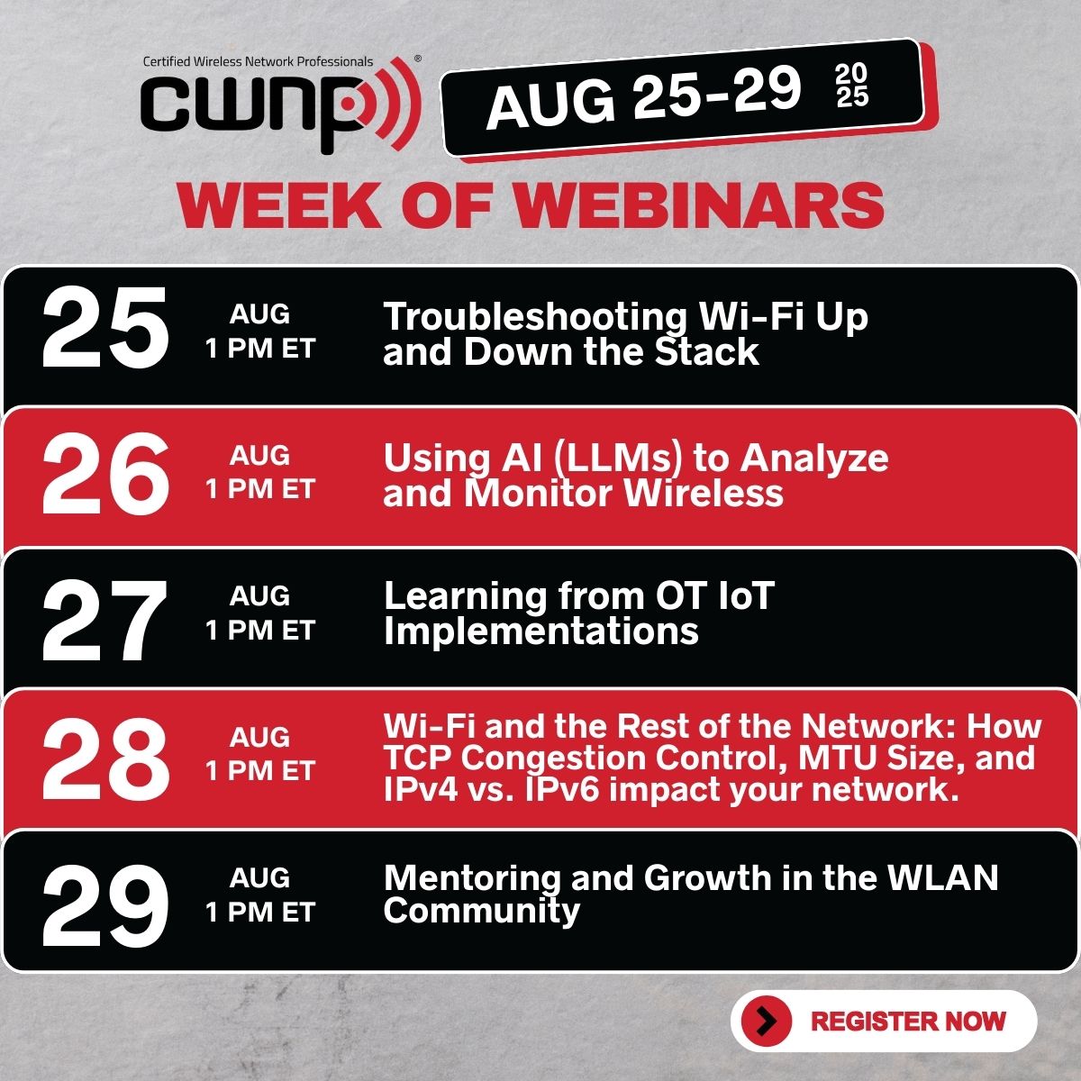 🚀 CWNP Week of Webinars – August 25-29 @ 1 PM ET! 🚀

Take Your Wireless Knowledge to the Next Level!
5 Days. 5 Action-Packed Webinars. 1 Mission: Build the wireless skills you need right now.

Join CWNP Director Tom Carpenter and special guest Jonathan Lohr for a week of