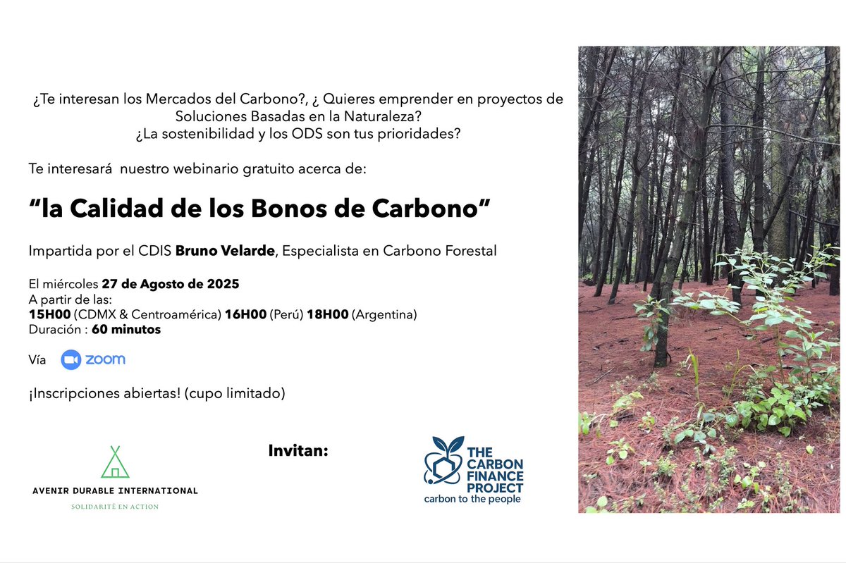 ✨ ¡No lo olviden!
Tenemos una cita el 27 de agosto, a partir de las 15:00 (hora de México y Centroamérica), para descubrir más sobre los mercados de carbono. ♻️🌎
✅ Aún hay cupos disponibles, ¡no te quedes fuera!
📩 Inscríbete aquí: lnkd.in/e3_f6UXz